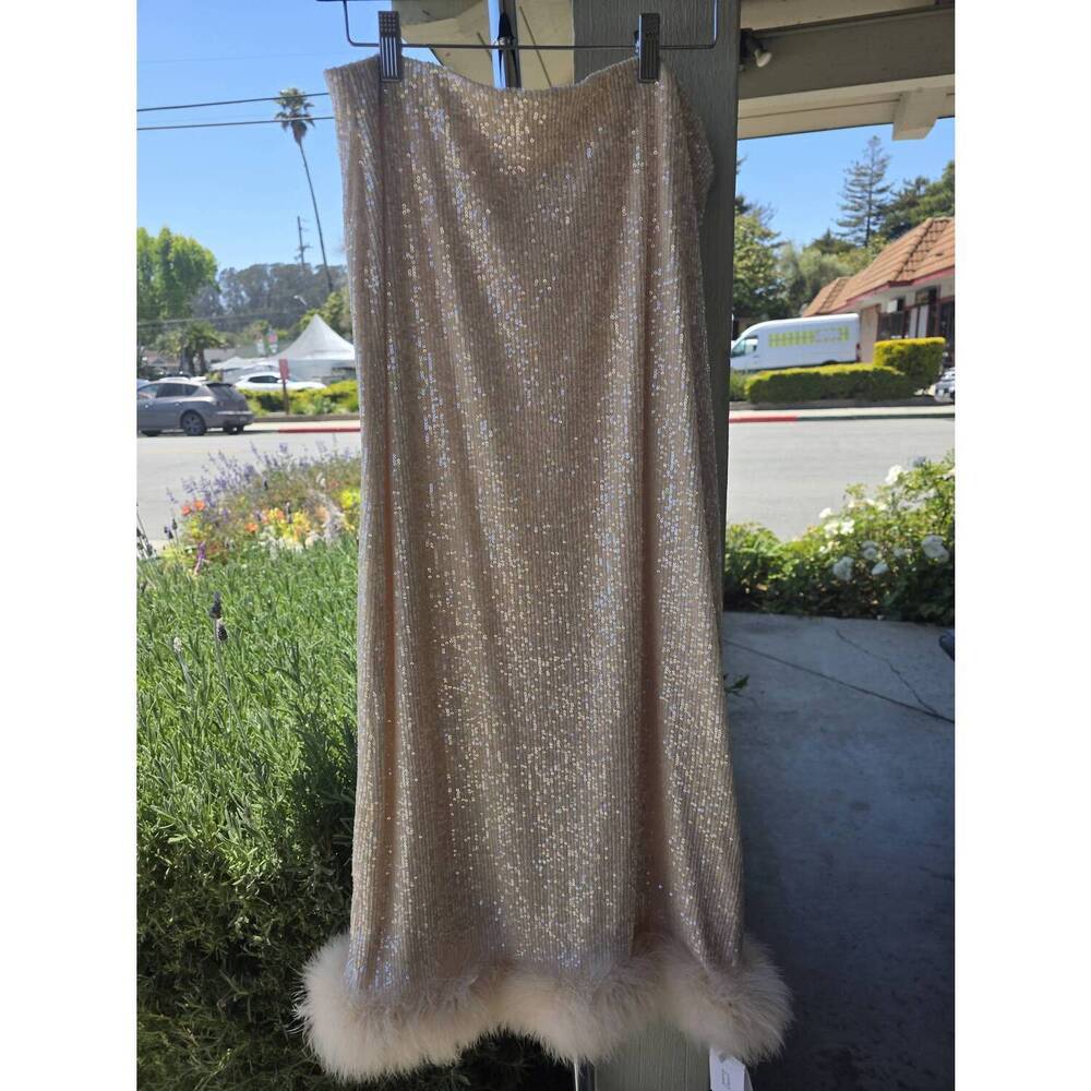 NEW RUE SOPHIE women's sequin with feather hem skirt in custard
